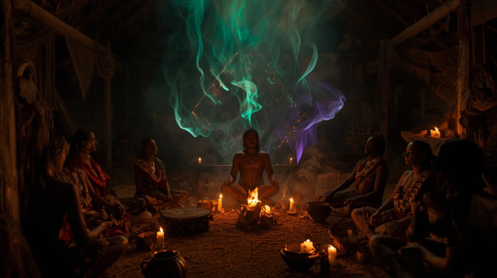 Okultný rituál s démonickými duchmi, šamanský obrad v kruhu ľudí, sviečky, oheň a nadprirodzená energia, temná spiritualita a kontakt s duchmi