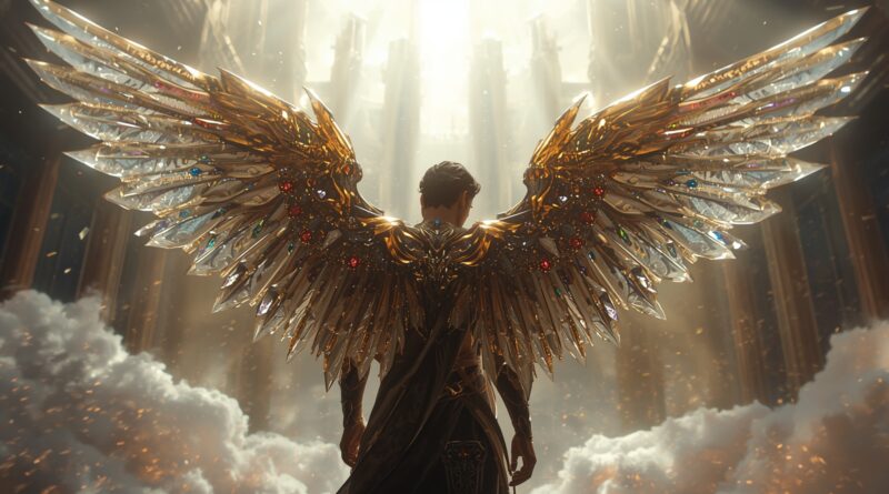 Lucifer pred pádom v nebeskej sláve, anjelská bytosť s rozprestretými krídlami stojaca pred Božím svetlom.