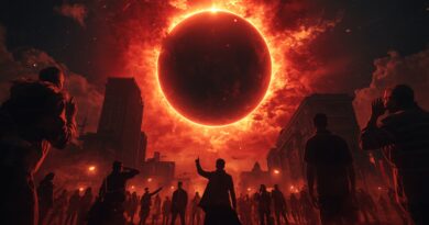 Ľudia zhromaždení v meste sledujúci krvavé zatmenie slnka ako symbol biblických