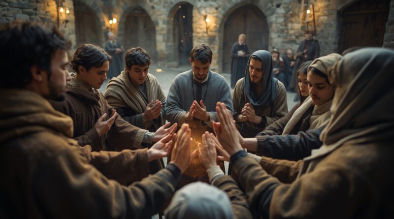 Skupina veriacich zjednotená v modlitbe ako symbol modlitby Otče náš, duchovného príbuzenstva s nebeským Otcom a prijatia do Božej rodiny