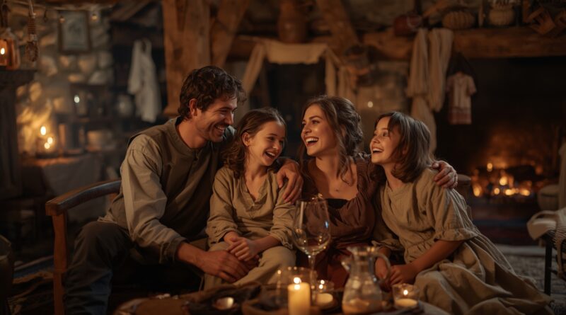 Rodina sediaca spolu v domácom prostredí symbolizuje duchovný zápas aj nádej, kde láskavosť, sebaovládanie a dôvera v Krista formujú pevný domov