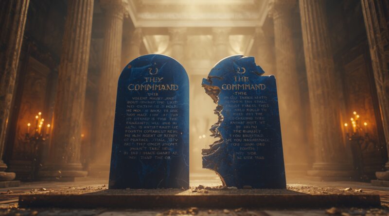 Zmena štvrtého prikázania znázornená poškodenými kamennými tabuľami ako symbol duchovného kompromisu