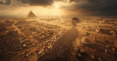 Exodus a Jozefov hrob v Egypte znázornené masovým odchodom Izraelitov z Egypta s pyramídami, deltou Nílu a archeologickými stopami biblického príbehu