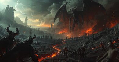 Symbolické zobrazenie démonov a padlých anjelov v biblickom kontexte ako duchovných bytostí pôsobiacich v temnote, klame a vzbure proti Bohu