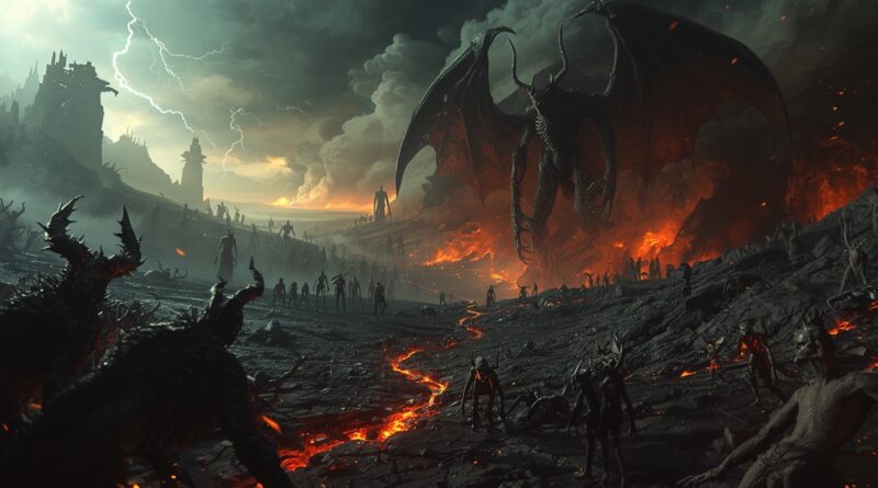 Symbolické zobrazenie démonov a padlých anjelov v biblickom kontexte ako duchovných bytostí pôsobiacich v temnote, klame a vzbure proti Bohu