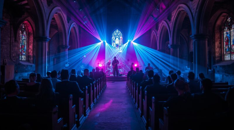 Charizmatický katolícky zbor s modernou osvetlenou hudobnou scénou v kostole, ľudia sediaci v laviciach