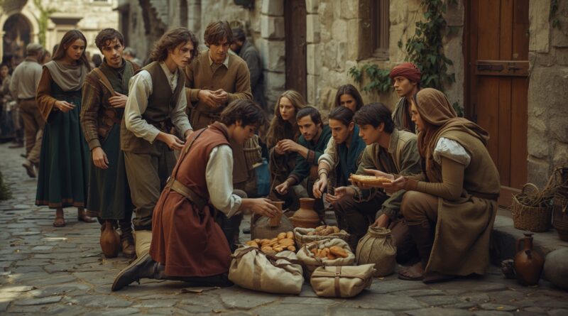 Skupina ľudí poskytujúcich jedlo a pomoc núdznym ako obraz kresťanskej lásky, súcitu, zodpovednosti a praktickej solidarity