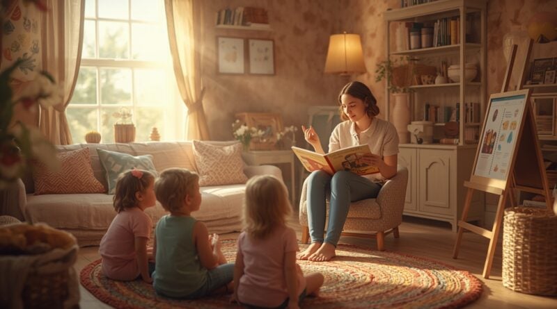Matka číta deťom knihu v útulnej obývačke, deti sedia na koberci a pozorne počúvajú v pokojnom domácom prostredí