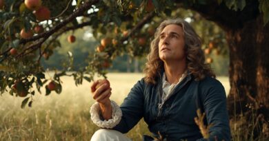 Isaac Newton pod jabloňou držiaci jablko, symbol diskusie o gravitácii a fyzikálnych zákonoch