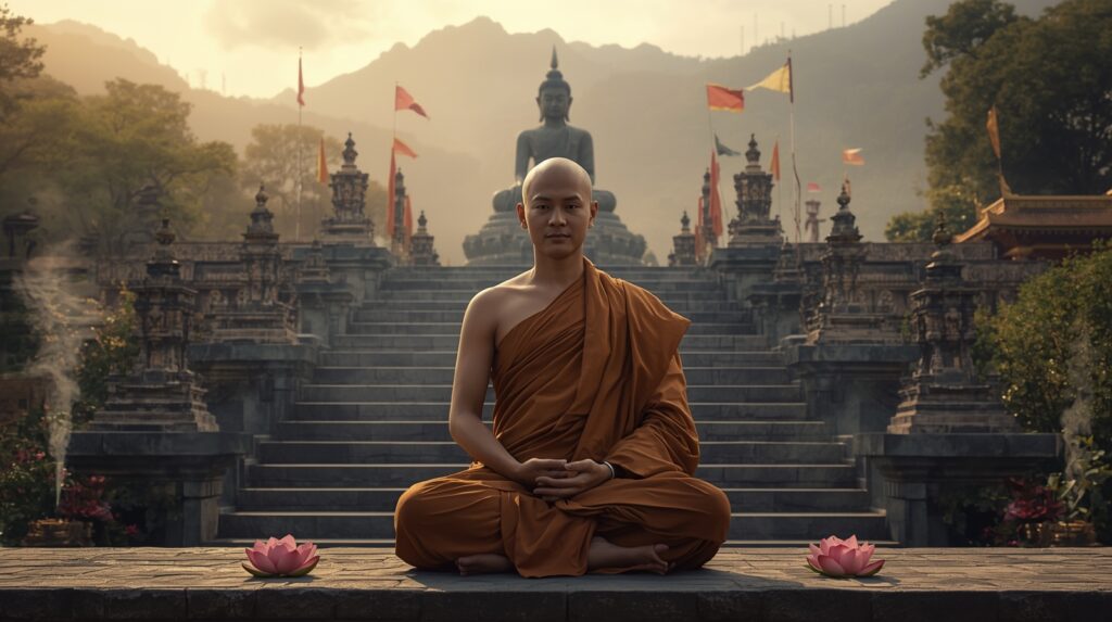 Budhistický mních sediaci v meditačnej polohe pred chrámom s sochou Budhu