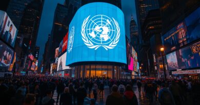 Logo OSN s mapou sveta na veľkoplošnej obrazovke v rušnom meste, symbol diskusie o modeli Zeme a mapových projekciách