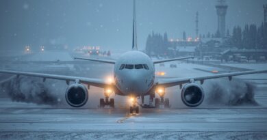 Dopravné lietadlo na zasneženej pristávacej dráhe počas núdzového pristátia v zimných podmienkach