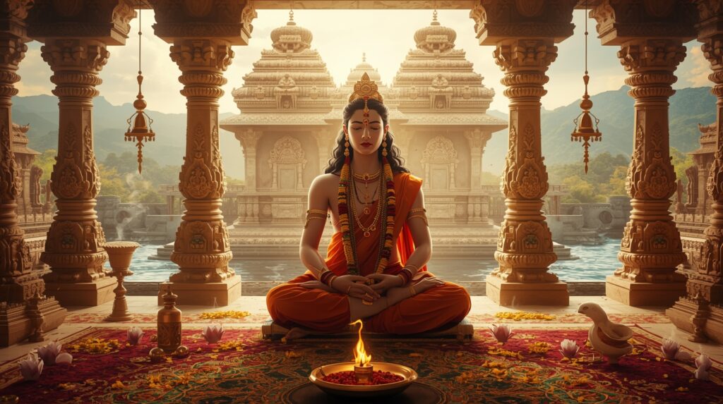 Hinduistická žena v meditačnej polohe v chráme s rituálnym ohňom