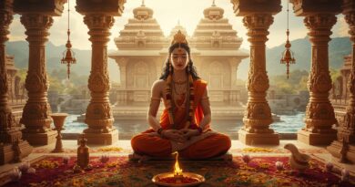 Hinduistická žena v meditačnej polohe v chráme s rituálnym ohňom