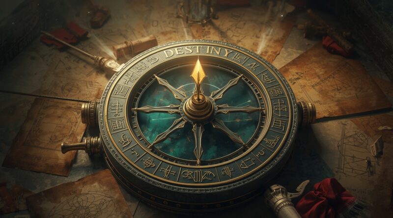 Realistic cinematic symbolic artwork depicting fate as an ancient and elegant mechanism, centered on a monumental wheel of destiny crafted from stone, crystal and aged metal, the wheel positioned upright with a visible ancient lever or handle attached to its side, suggesting adjustment, movement and tension between control and inevitability, the circular rim of the wheel engraved with arcane symbols, numbers, geometric signs and ancient markings arranged evenly around its circumference, each symbol finely carved and softly illuminated, above the wheel the word “DESTINY” engraved or hovering in refined ancient lettering, subtly glowing with authority, at the center of the wheel a golden arrow fixed firmly in place, polished and radiant, pointing forward to symbolize direction and purpose, surrounding environment filled with ancient manuscripts, scrolls and inscriptions laid across stone and marble surfaces, diagrams and numerical patterns visible on parchment, rich and harmonious color palette of deep sapphire, emerald green, warm gold, amber and crimson, soft atmospheric haze adding depth, light flowing through engravings and symbols as if revealing hidden order, no human figures, focus entirely on structure, knowledge and symbolism, cinematic lighting emphasizing texture and precision, high realism blended with refined artistic abstraction, majestic and contemplative atmosphere, visual storytelling expressing destiny as beautiful, ordered and mysterious