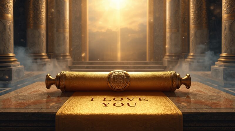 Zlatý zvitok položený na kamennom stole v chráme