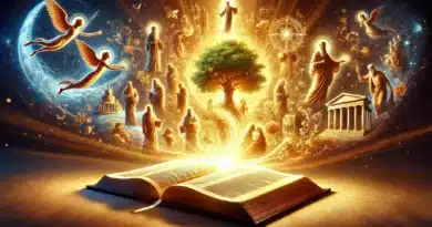 Otvorená Biblia žiariaca svetlom, obklopená anjelmi, svätými postavami a Stromom života.