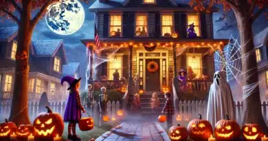 Deti v kostýmoch v noci, zbierajúce cukríky, stojí pred domom vyzdobeným v halloweenovskom štýle s vydlabanými tekvicami, pavučinami a strašidelnými ozdobami.