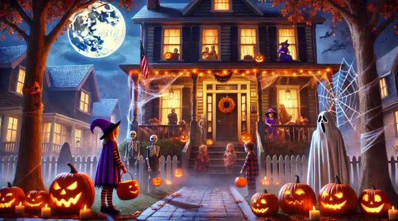 Deti v kostýmoch v noci, zbierajúce cukríky, stojí pred domom vyzdobeným v halloweenovskom štýle s vydlabanými tekvicami, pavučinami a strašidelnými ozdobami.