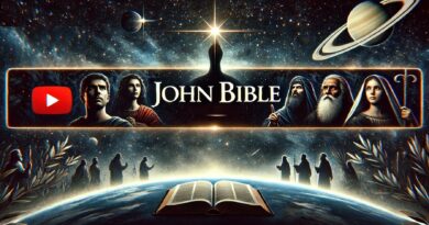 Ilustrácia s nápisom "John Bible" zobrazujúca biblické postavy pod hviezdnou oblohou s otvorenou knihou v popredí.