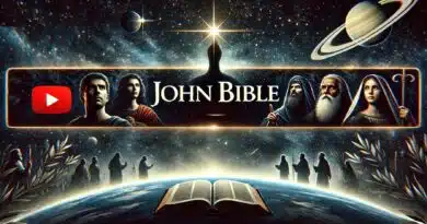 Ilustrácia s nápisom "John Bible" zobrazujúca biblické postavy pod hviezdnou oblohou s otvorenou knihou v popredí.