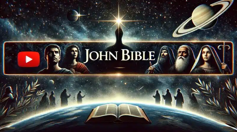 Ilustrácia s nápisom "John Bible" zobrazujúca biblické postavy pod hviezdnou oblohou s otvorenou knihou v popredí.