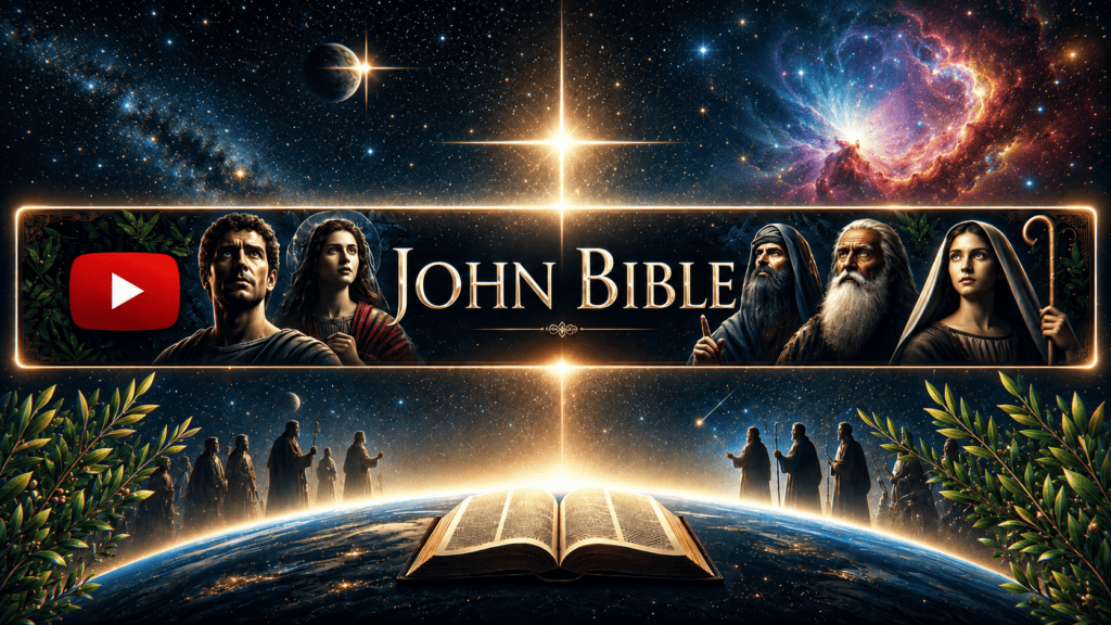 banner John Bible s Bibliou nad zemou, hviezdnou oblohou, biblickými postavami a symbolom YouTube ako obraz osobného svedectva a šírenia biblickej pravdy