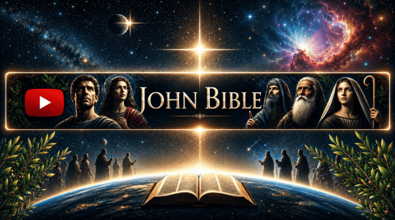 banner John Bible s Bibliou nad zemou, hviezdnou oblohou, biblickými postavami a symbolom YouTube ako obraz osobného svedectva a šírenia biblickej pravdy