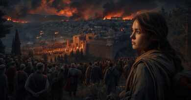 Obliehanie Jeruzalema v čase Nového zákona, pohľad na mesto v plameňoch a veriacich uprostred historického chaosu