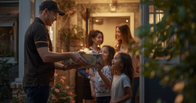 Realistic cinematic heartwarming scene depicting a friendly delivery courier standing slightly to the side in front of a family home, gently handing a beautifully wrapped and elegant gift to a child, the package carefully wrapped with decorative paper and a shiny ribbon, glowing softly in warm light, the courier wearing a clean short-sleeve delivery shirt inspired by UPS style, no cap, neat and approachable appearance, warm and kind expression, posture humble and respectful, the family standing together in the open doorway of the house, a man and a woman smiling warmly, standing close to each other, with two children between them, all focused on the gift with visible happiness and gratitude, one child reaching forward to receive the present, faces filled with joy, surprise and excitement, cozy suburban home setting with welcoming doorway, soft interior light behind the family, surrounding garden lush and colorful with flowers, greenery and gentle sunlight, rich and vibrant color palette with vivid greens, warm golds, soft blues and gentle pinks, cinematic lighting enhancing warmth and emotional connection, fine details visible in fabric textures, ribbon sheen, wrapping paper and facial expressions, shallow depth of field focusing on the moment of giving, no fantasy elements, documentary-style realism, uplifting and joyful atmosphere, visual storytelling expressing generosity, kindness, family unity and the beauty of giving.