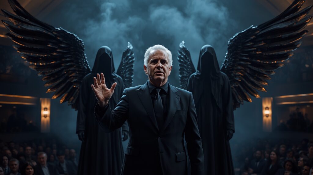 Realistic cinematic symbolic close-up scene depicting Jesse Duplantis preaching energetically on a church stage, captured in a tighter framing focused on his upper body and expressive face, dressed in an elegant suit, hand raised mid-gesture, eyes intense and charismatic as he addresses the congregation, stage lights illuminating his features sharply, background slightly blurred yet showing a modern church interior and seated audience, directly behind him standing two dark angelic figures with imposing presence, their forms tall and partially concealed in shadow, yet clearly visible, each possessing large crystalline wings composed of sharp translucent dark crystal layers, refracting dim cold light, the wings textured and faceted like obsidian glass, subtle smoky aura surrounding them, faint supernatural distortion in the air around their silhouettes, their faces hidden in shadow beneath faint hood-like darkness, contrast between bright warm spotlight on the preacher and colder bluish undertones around the angelic figures, atmosphere charged with spiritual tension, cinematic lighting enhancing contrast and depth, high realism blended with restrained supernatural intensity, dramatic and unsettling yet visually refined mood, symbolic visual storytelling suggesting unseen spiritual forces present in a modern religious setting.