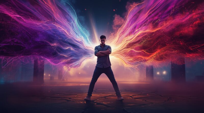 Muž stojaci medzi prúdmi farebnej energie symbolizujúcimi zápas medzi vplyvom hudby a kresťanským rozlišovaním, emóciou a duchovnou bdelosťou