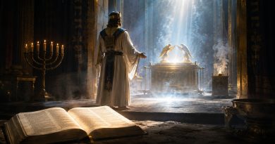 veľkňaz v nebeskej svätyni pred archou zmluvy, otvorená Biblia a svetlo nad Najsvätejším miestom ako obraz roku 1844