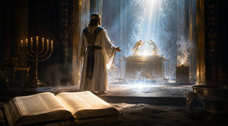 veľkňaz v nebeskej svätyni pred archou zmluvy, otvorená Biblia a svetlo nad Najsvätejším miestom ako obraz roku 1844