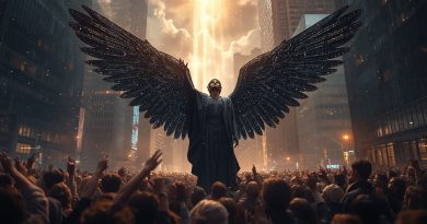 dav ľudí uctieva temnú okrídlenú postavu v modernom veľkomeste, obraz falošného systému uctievania a náhradných bohov