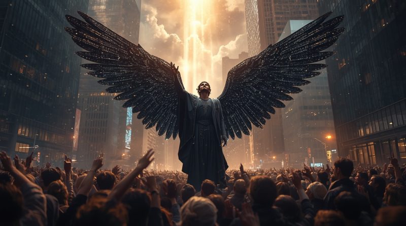 dav ľudí uctieva temnú okrídlenú postavu v modernom veľkomeste, obraz falošného systému uctievania a náhradných bohov