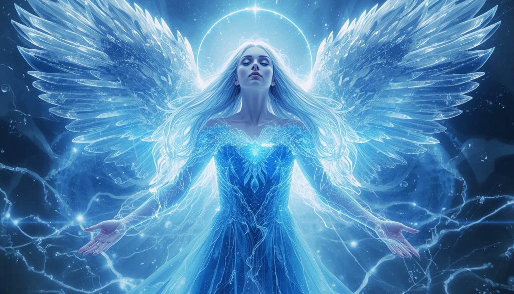 žiarivá anjelská bytosť z modrého svetla s rozprestretými krídlami ako symbol anjelov, svetelnej hmoty, neviditeľnej reality a pôsobenia duchovného sveta