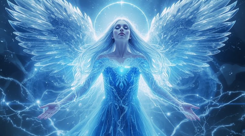 žiarivá anjelská bytosť z modrého svetla s rozprestretými krídlami ako symbol anjelov, svetelnej hmoty, neviditeľnej reality a pôsobenia duchovného sveta