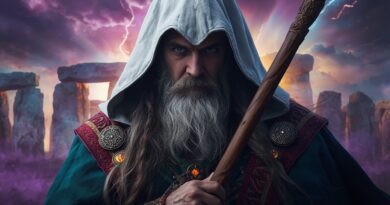 keltský druid v bielej kapucni s palicou pred kamenným kruhom ako symbol pohanského kňazstva, obradov a možných izraelských stôp
