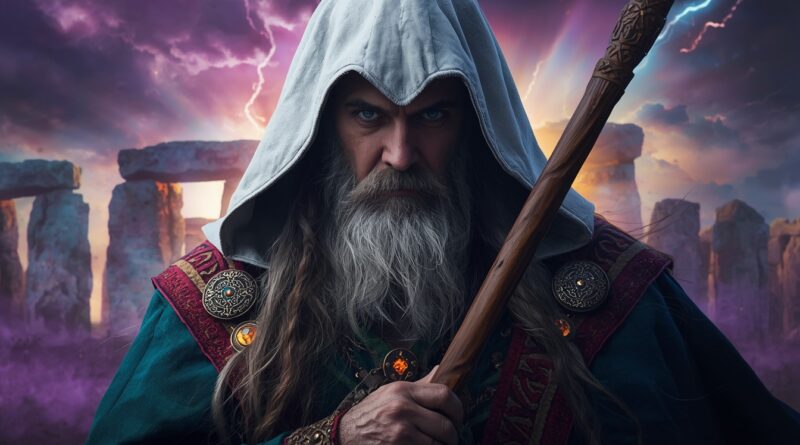 keltský druid v bielej kapucni s palicou pred kamenným kruhom ako symbol pohanského kňazstva, obradov a možných izraelských stôp