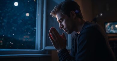 A young man kneeling in prayer beside an open window at night, realistic appearance, closer and more intimate side-angle shot focused on his face, hands and upper body. Outside the open window, a deep night sky filled with sharp, vivid stars is visible. Soft moonlight pours through the window, gently illuminating his face, closed eyes and clasped hands with a cool silver-blue glow. His expression is sincere, intense and humble, fully absorbed in deep prayer. A subtle supernatural presence surrounds him: a faint luminous aura around his head and shoulders, delicate particles of light drifting slowly in the air, as if responding to his prayer. In the softly blurred background, a powered-on computer screen emits a gentle glow, alongside professional podcast recording equipment—camera, microphone, tripod—visible but secondary. The room is filled with rich, atmospheric colors: deep blues, midnight purples, soft silvers, warm amber accents. Highly detailed textures on skin, clothing fabric, window frame and equipment. Cinematic lighting, shallow depth of field, ultra-detailed, realistic, emotionally powerful, spiritual symbolism, subtle supernatural atmosphere, documentary-style realism, 16:9