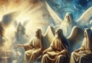 Nebeská vízia s anjelmi a patriarchami v bielych rúchach obklopenými žiarivým svetlom.