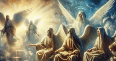 Nebeská vízia s anjelmi a patriarchami v bielych rúchach obklopenými žiarivým svetlom.
