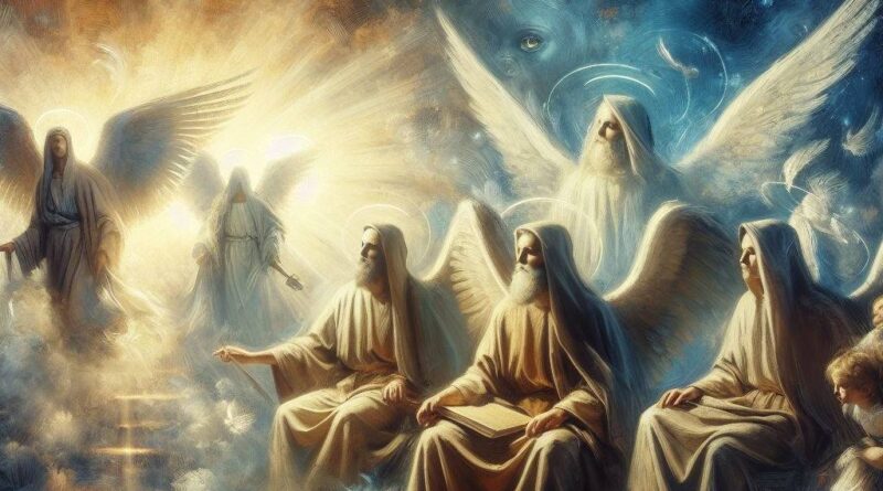 Nebeská vízia s anjelmi a patriarchami v bielych rúchach obklopenými žiarivým svetlom.