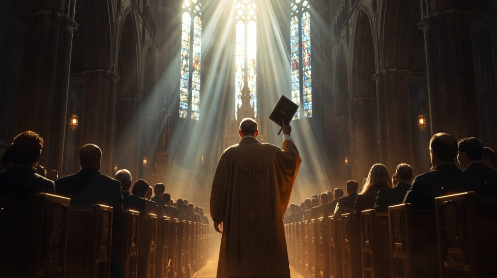 Kňaz stojí pred zhromaždením v katedrále a dvíha Bibliu do svetla, symbolizujúc napätie medzi katechizmom a Božím slovom