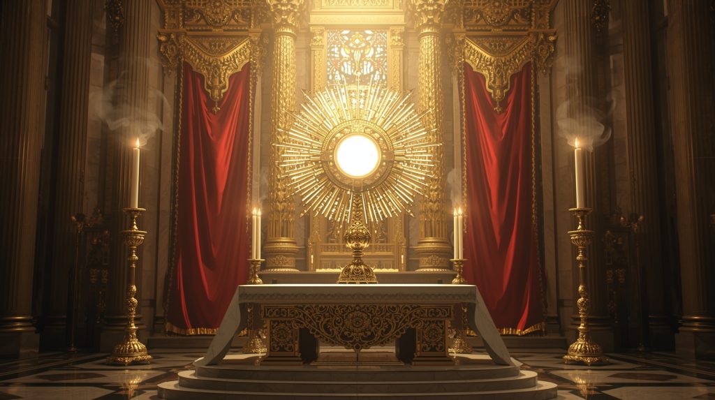 Zlatý oltár s eucharistiou uprostred chrámu symbolizuje otázku, či je večera Pánova skutočnou premenou alebo duchovnou spomienkou na Kristovu obeť