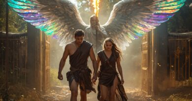 Vyhnanie Adama a Evy z rajskej záhrady pod dohľadom anjela, následok Luciferovej vzbury a pádu.
