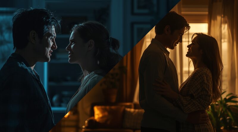 Kontrast dvoch párov znázorňuje, ako slová dokážu budovať vzťah svetlom alebo ho ničiť chladom a temnotou.