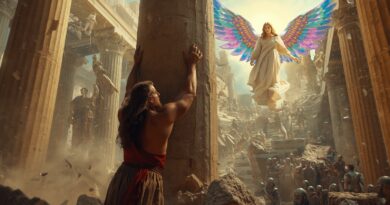 Anjel s kryštálovo-farebnými krídlami zjavujúci sa medzi ruinami starovekého mesta, bojovníci a ľud Izraela s úžasom sledujú Božie posolstvo v období sudcov.