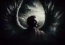 Temný anjel s rozprestretými čiernymi krídlami v dramatickom osvetlení symbolizujúci pád Lucifera.